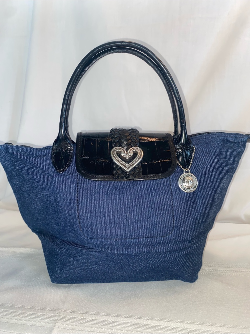 Brighton Denim Foldable Tote Purse Black Croc-Texture Trim Heart Clasp One World